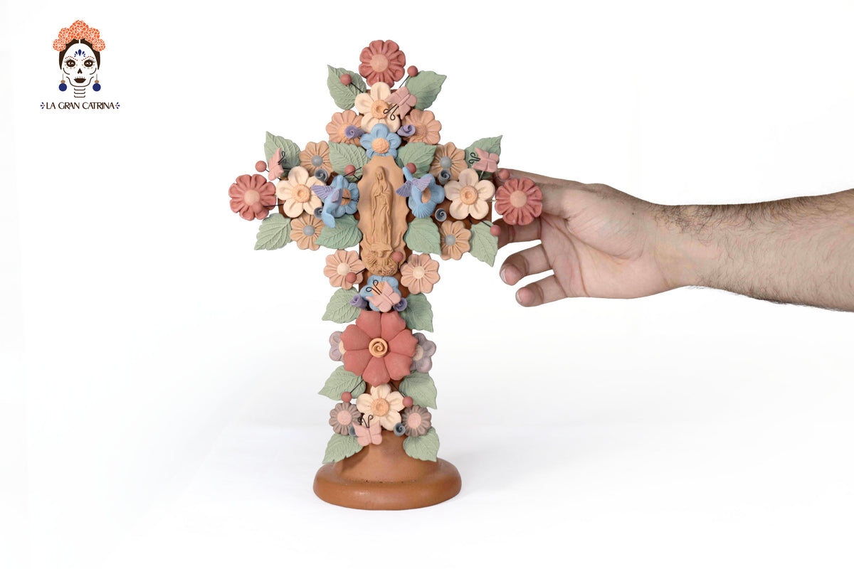 Cruz Floral de Barro con Virgen de Guadalupe y Aves - 31.3 Cm 12.3 in. Artesanía