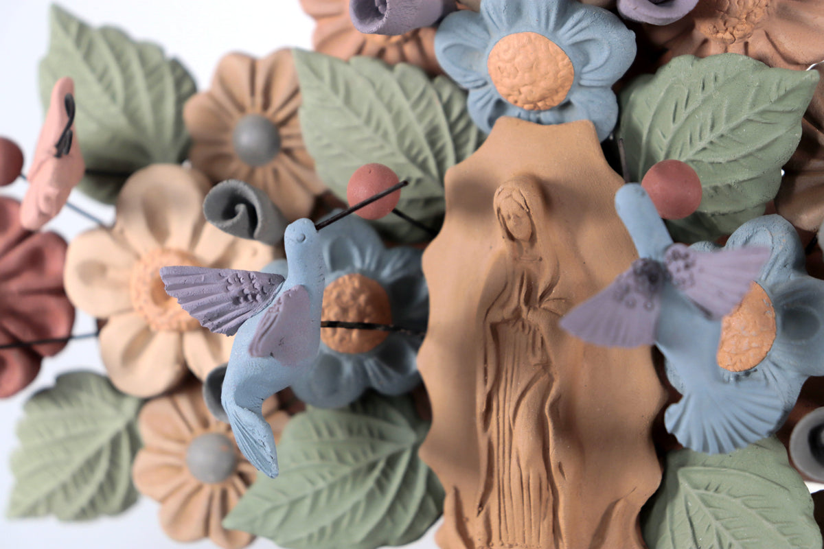 Cruz Floral de Barro con Virgen de Guadalupe y Aves - 31.3 Cm 12.3 in. Artesanía