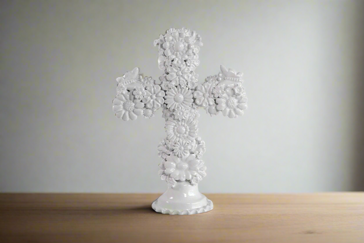 Cruz blanca de 32 cm - Barro vidriado