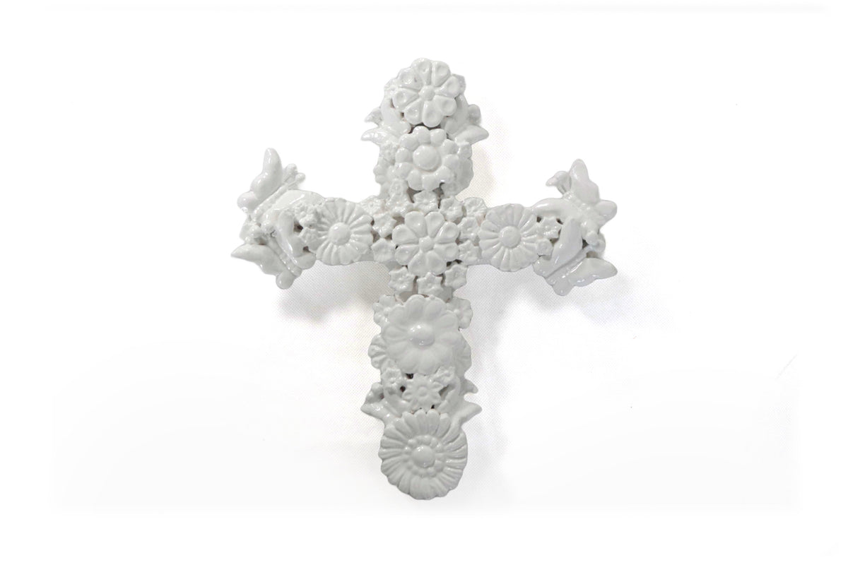 Cruz blanca de pared - Barro vidriado - 29 cm. 11.4 in.