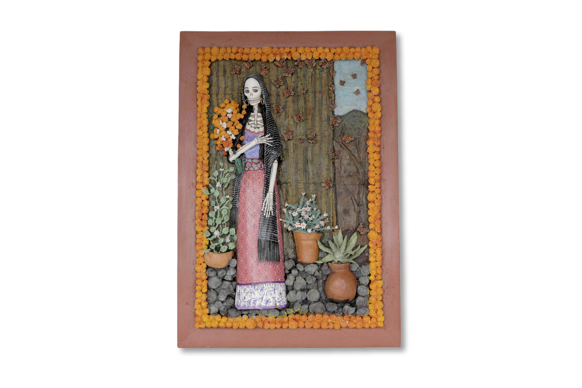 Paisaje de día de muertos, Catrina con cempasúchil - 57 cm. 22.4 in. Catrina