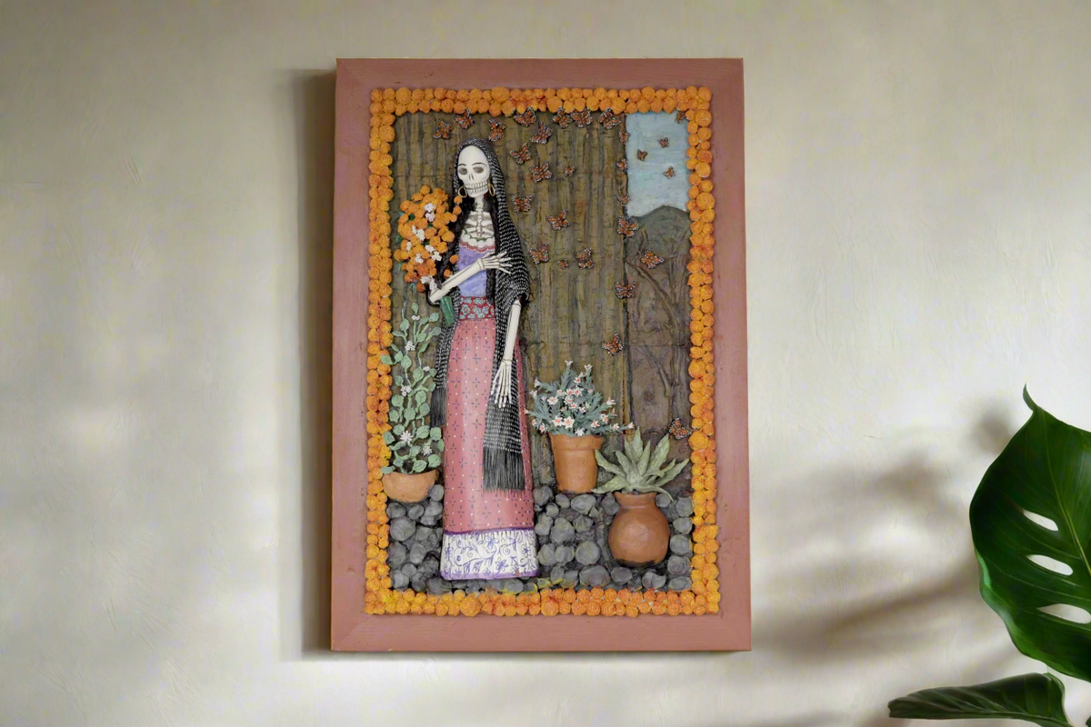 Paisaje de día de muertos, Catrina con cempasúchil - 57 cm. 22.4 in. Catrina