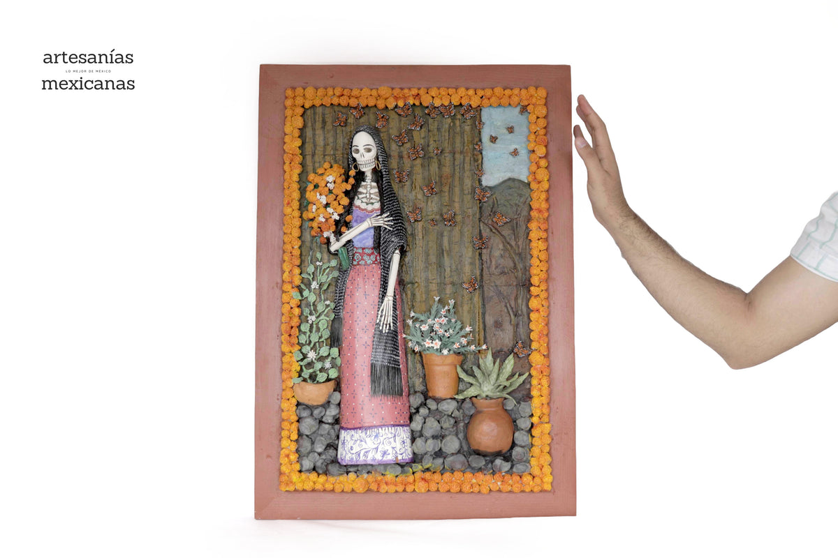 Paisaje de día de muertos, Catrina con cempasúchil - 57 cm. 22.4 in. Catrina