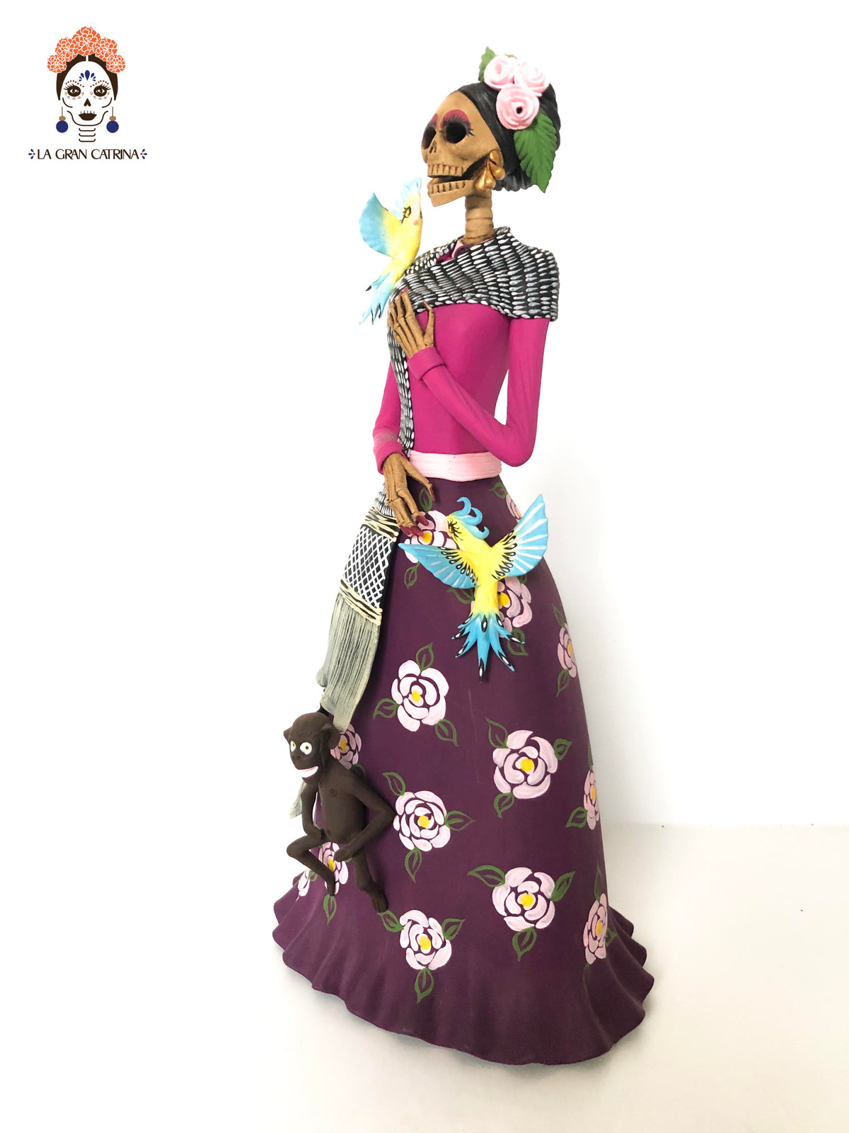 Catrina de Frida Kahlo - Loros y Chango - 35 cm. 14 in. Catrina