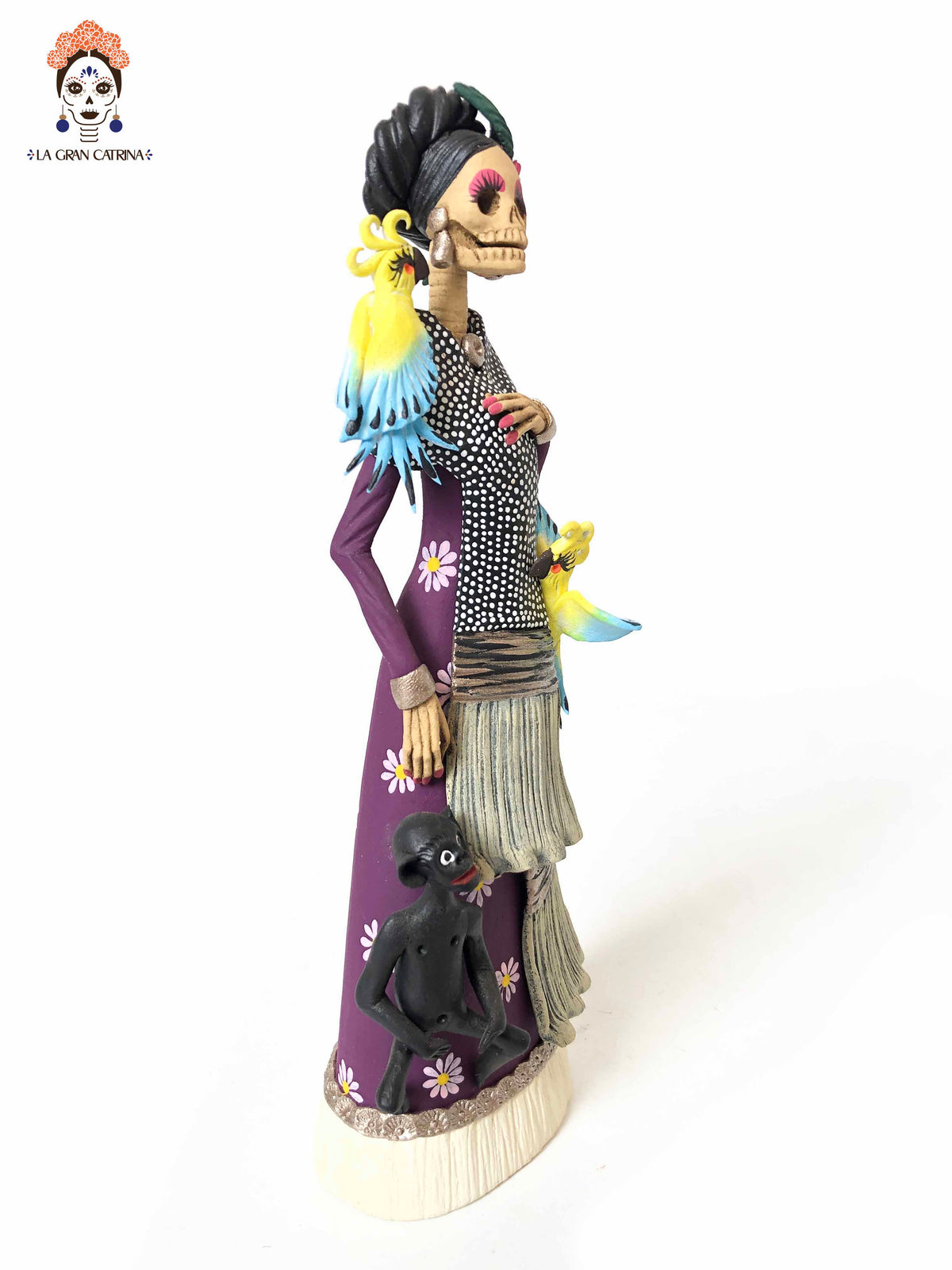Frida con loros y chango - 25 cm. 10 in. Catrina