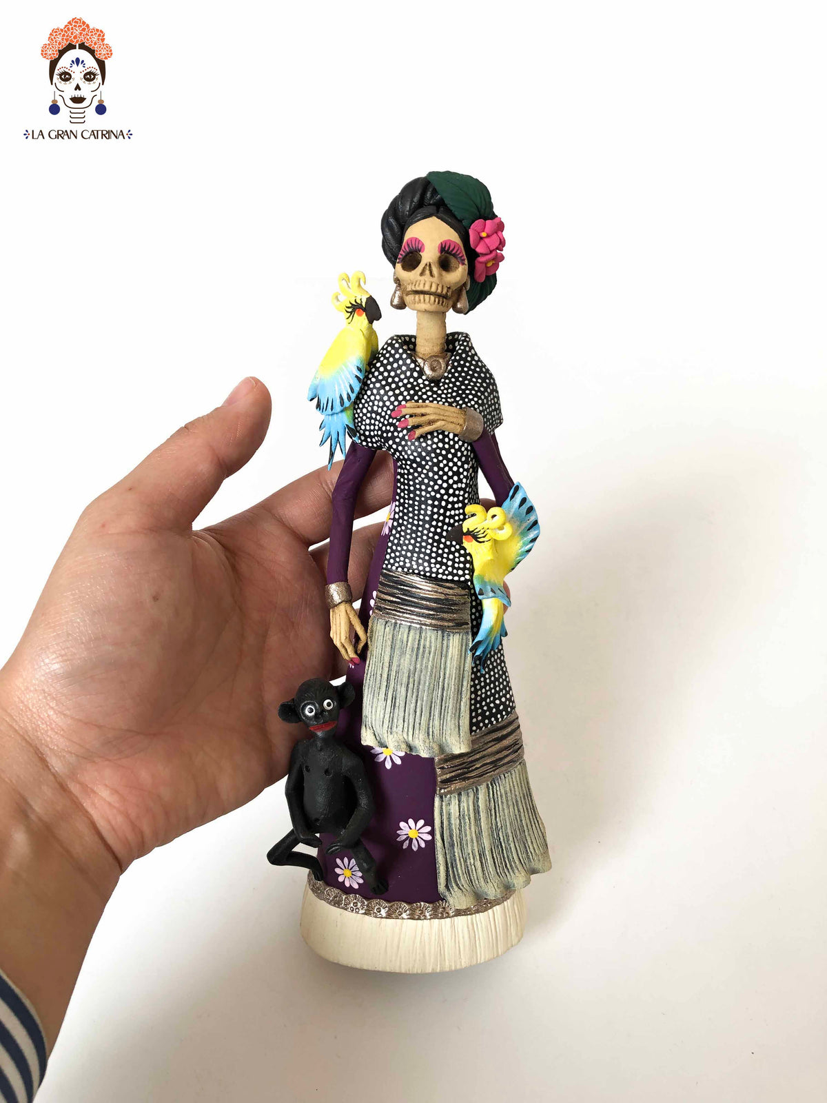 Frida con loros y chango - 25 cm. 10 in. Catrina