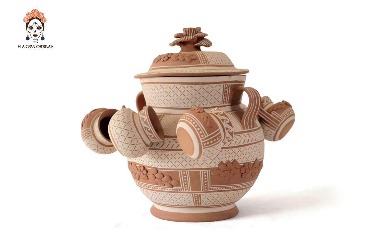 Ponchera - Jarrón con tazas de barro - Patamban - 37 cm. 15 in. Patamban