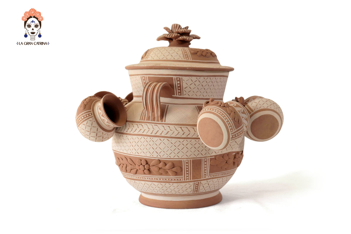 Ponchera - Jarrón con tazas de barro - Patamban - 37 cm. 15 in. Patamban