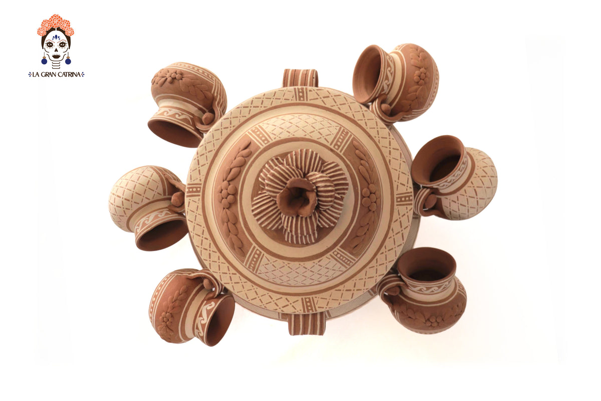Ponchera - Jarrón con tazas de barro - Patamban - 37 cm. 15 in. Patamban