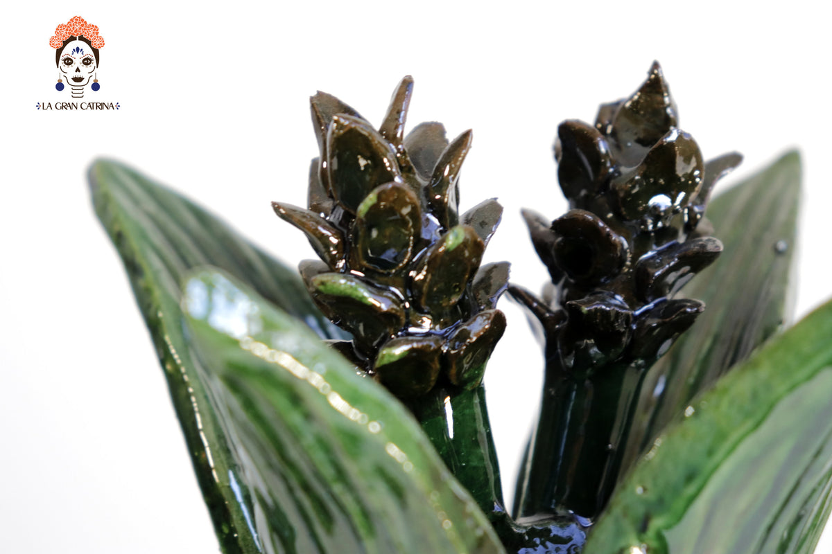 Piña michoacana de barro - Pétalos verdes - 33 cm. 13 in. Piña
