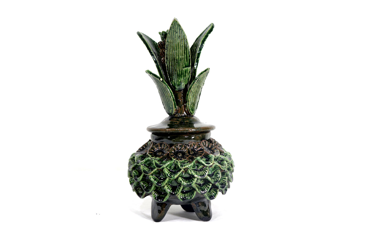 Piña michoacana de barro - Verde y cafe pequeña pétalos y flores - 29 cm. 11.4 in.