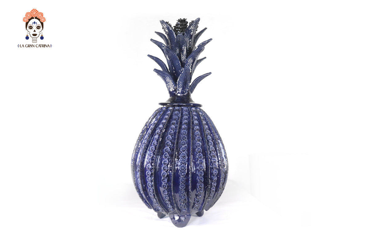 Piña michoacana de barro - Azul Biznaga con Flores - 70 cm. 27.5 in. Piña