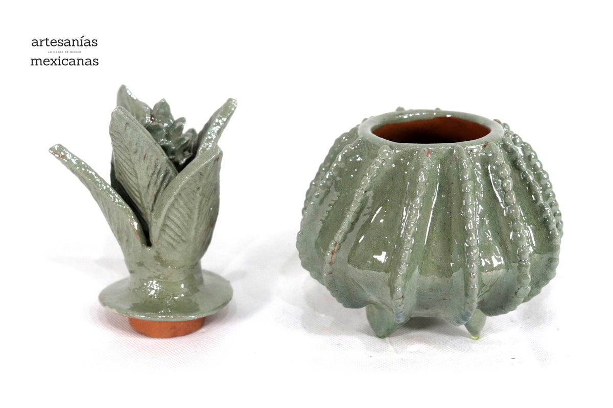 Piña michoacana de barro - Verde olivo pequeña biznaga - 19 cm. 7.7 in. - Sobre Pedido