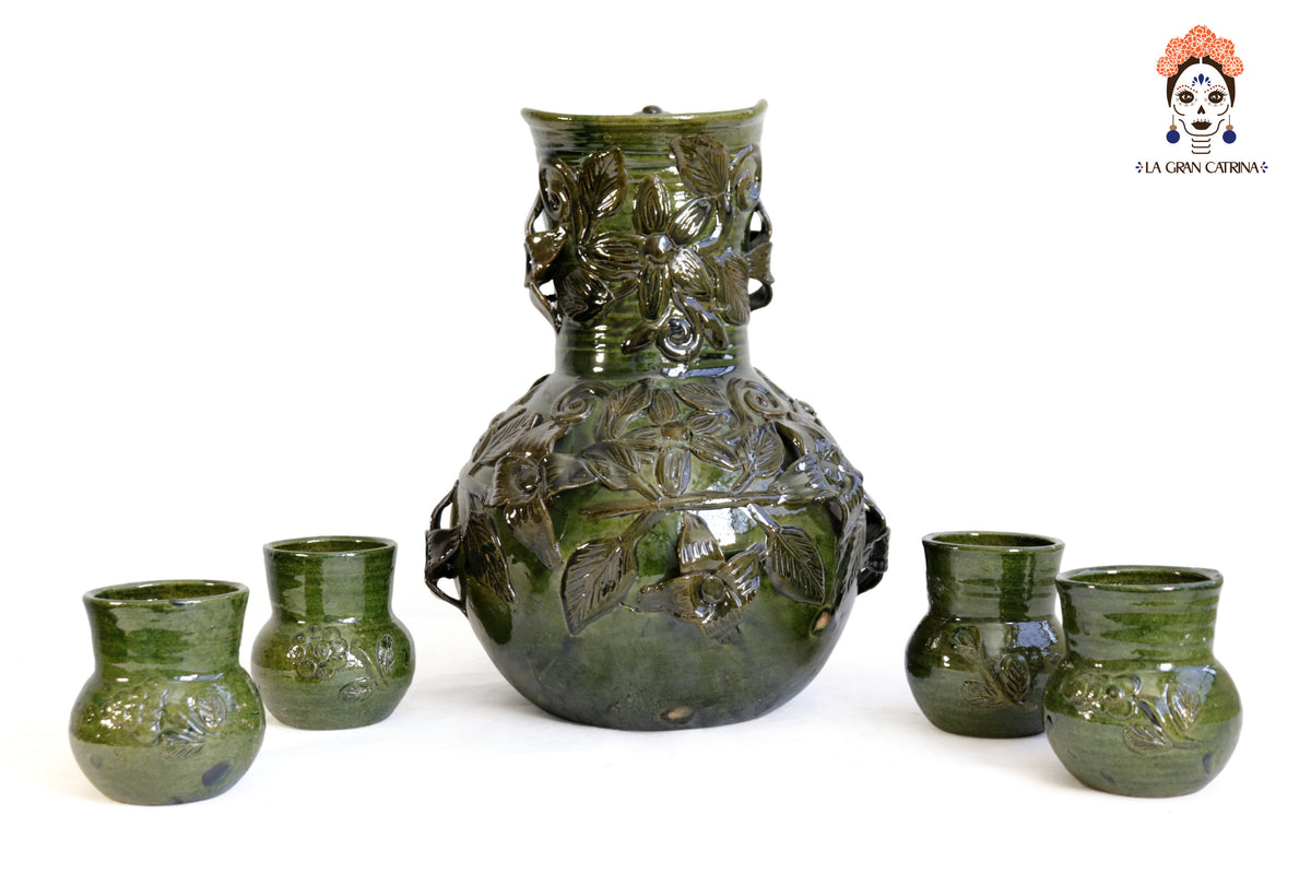 Set de Jarra Floral y Tasas de Barro vidriado 34 cm. 13.3 in. Vidriado Santa Fe