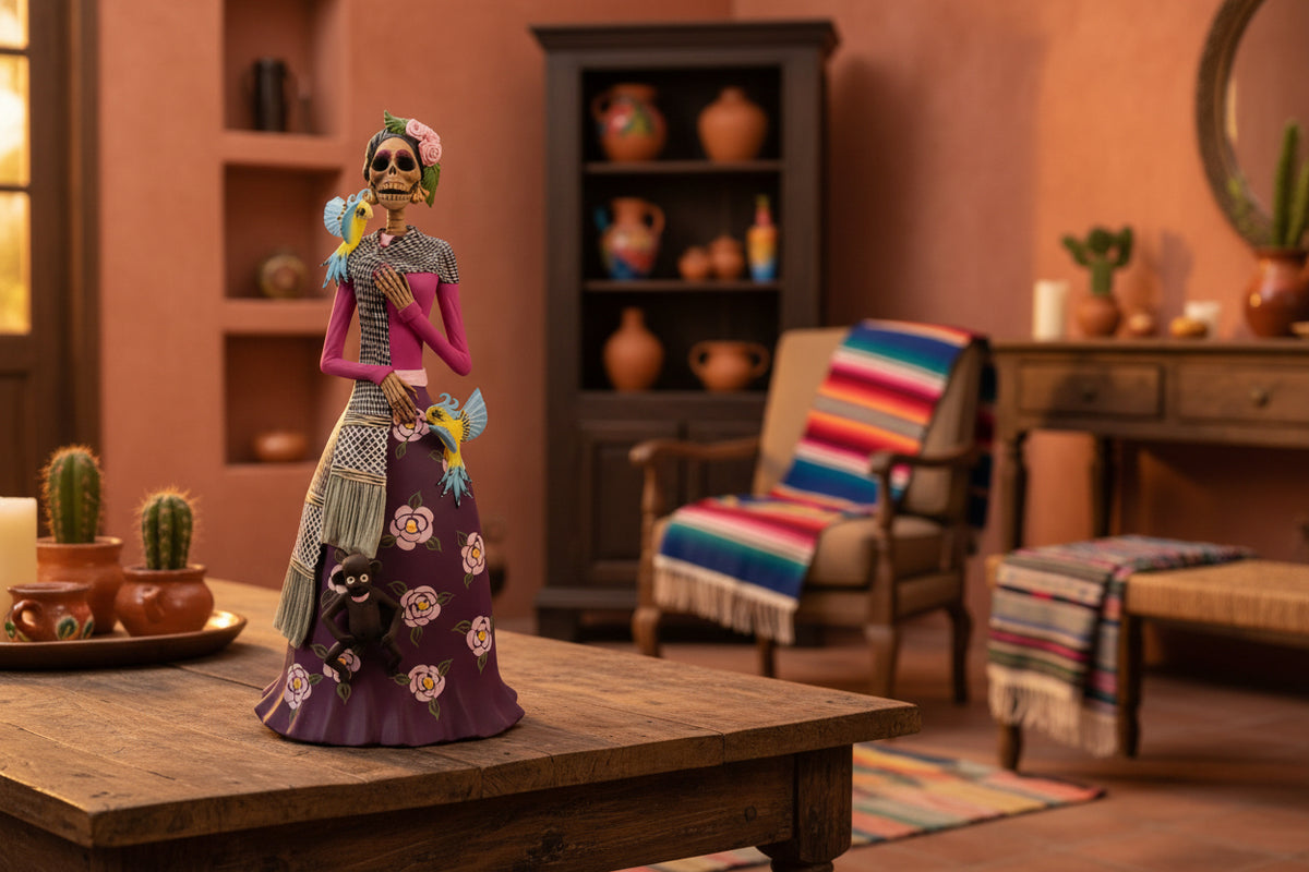 Catrina de Frida Kahlo - Loros y Chango - 35 cm. 14 in. Catrina