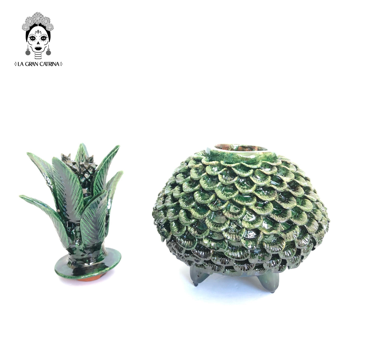 Piña michoacana de barro - Pétalos verdes - 33 cm. 13 in.