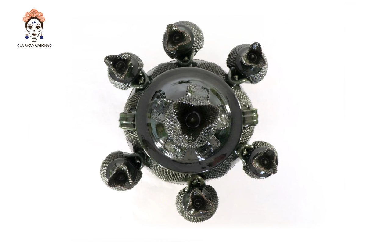 Ponchera de tejido verde con jarritos de barro - 38 cm. 14.9 in.