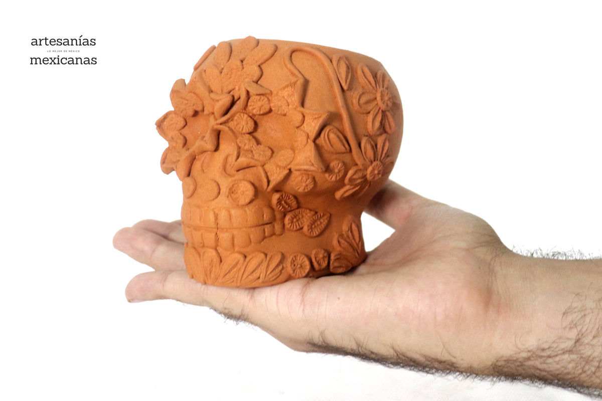 Maceta naranja mediana de Calavera estilo Catrina