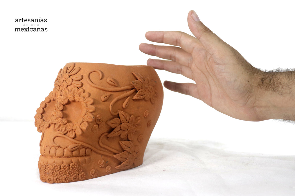 Maceta naranja grande de Calavera estilo Catrina