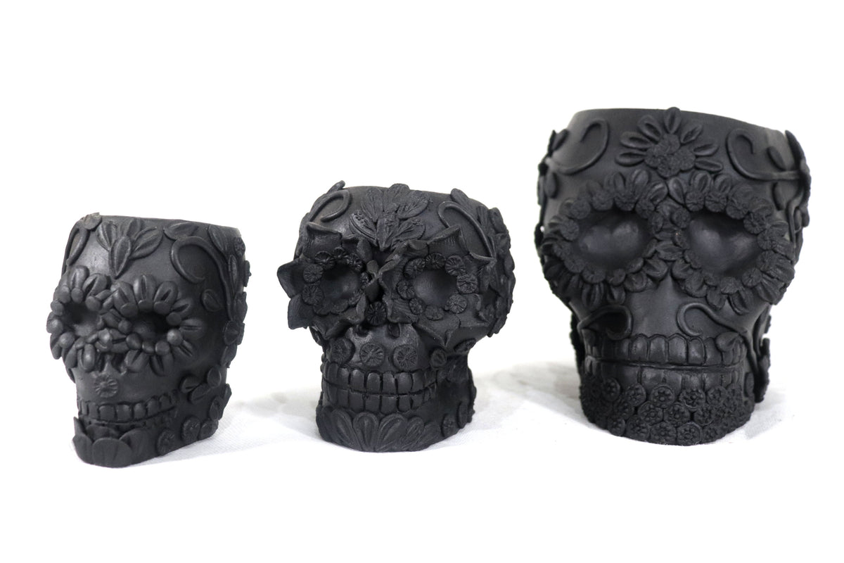 Maceta negra grande de Calavera estilo Catrina