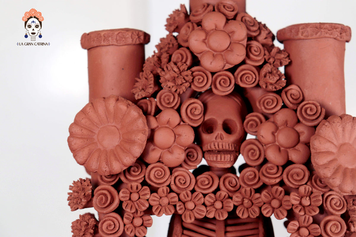 Candelero Altar Calavera Floral Barro Natural - 62 cm. 24.4 in.