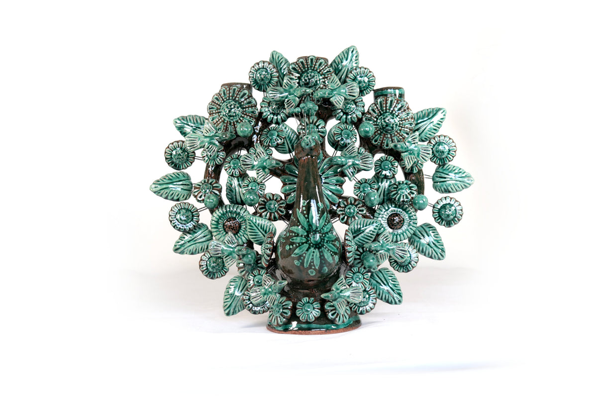 Candelero de Barro Vidriado Árbol de la Vida - Estilo Pavo Real - 37 cm. 14.5 in. - Sobre Pedido