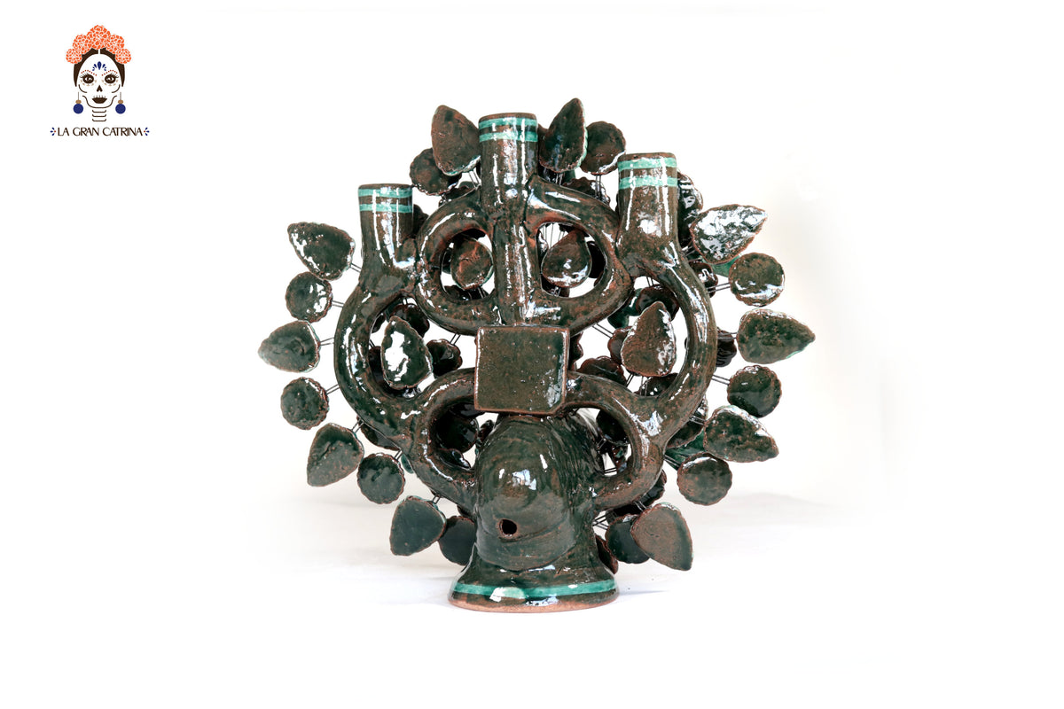 Candelero de Barro Vidriado Árbol de la Vida - Estilo Pavo Real - 37 cm. 14.5 in. - Sobre Pedido