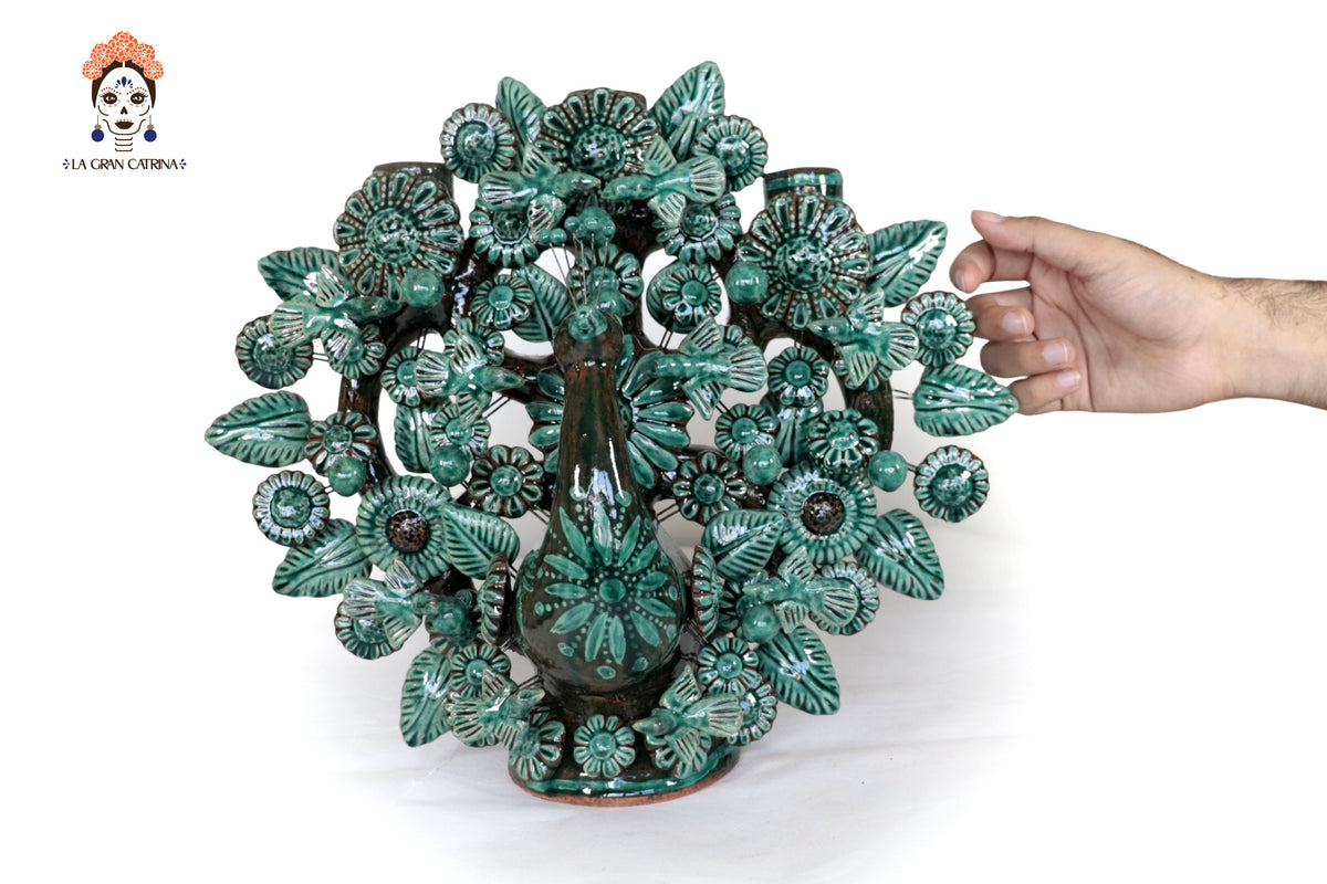 Candelero de Barro Vidriado Árbol de la Vida - Estilo Pavo Real - 37 cm. 14.5 in. - Sobre Pedido