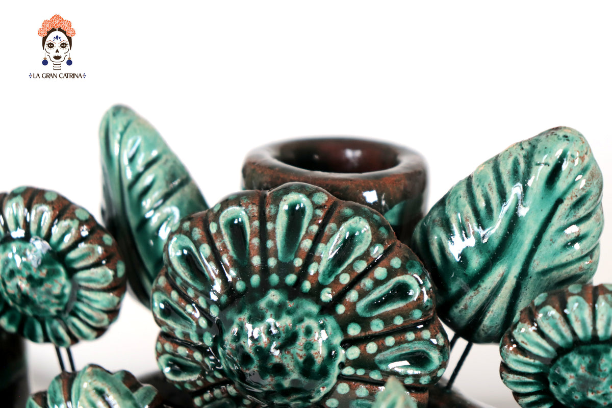 Candelero de Barro Vidriado Árbol de la Vida - Estilo Pavo Real - 37 cm. 14.5 in. - Sobre Pedido