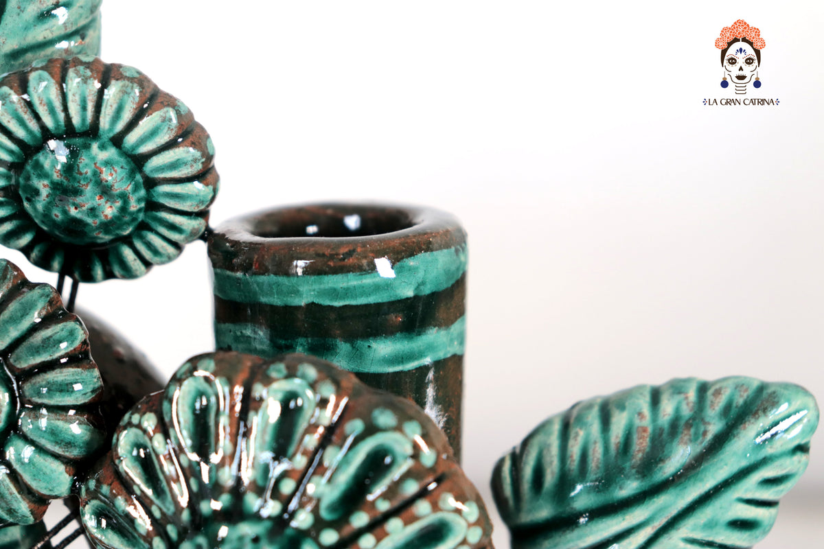 Candelero de Barro Vidriado Árbol de la Vida - Estilo Pavo Real - 37 cm. 14.5 in. - Sobre Pedido