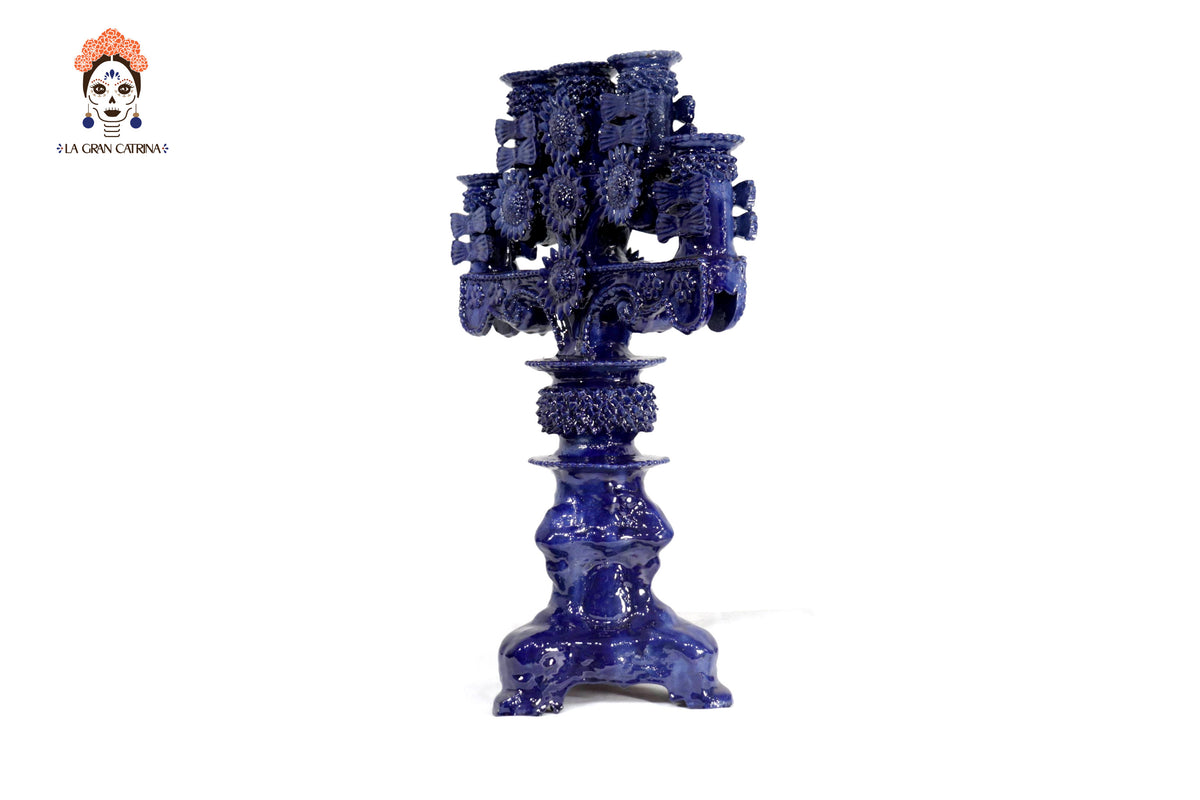 Candelero azul de 5 velas - Barro vidriado - 50 cm. 20 in.