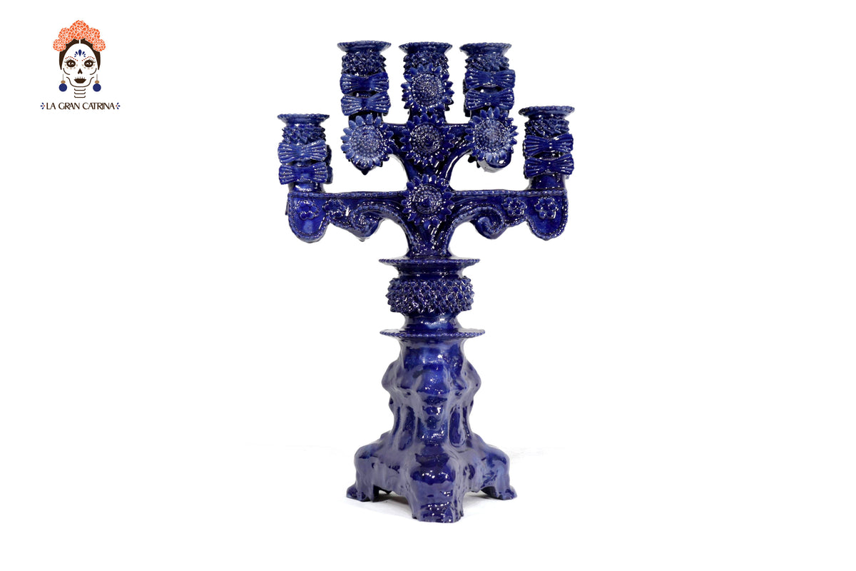 Candelero azul de 5 velas - Barro vidriado - 50 cm. 20 in.
