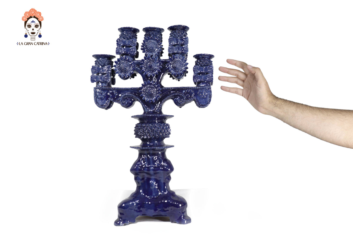 Candelero azul de 5 velas - Barro vidriado - 50 cm. 20 in.