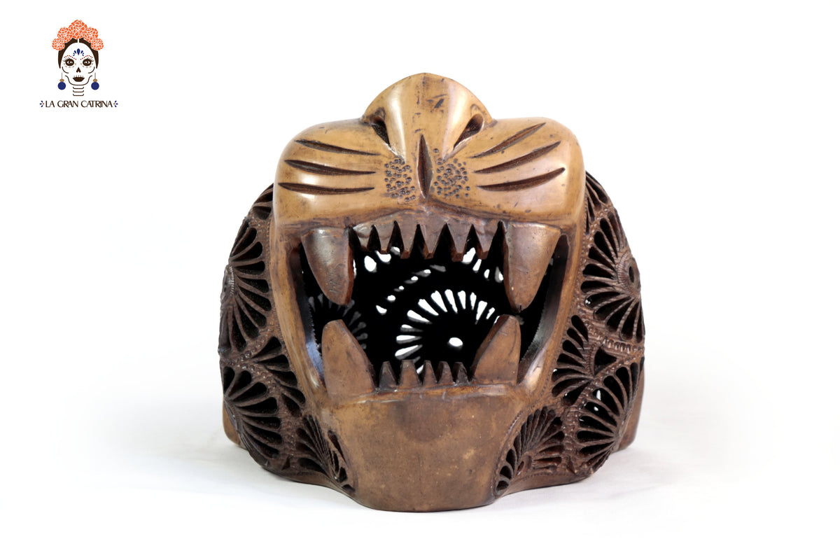 Cabeza de Jaguar Cafe de Barro Negro - 22 cm. 8.7 in. Barro negro