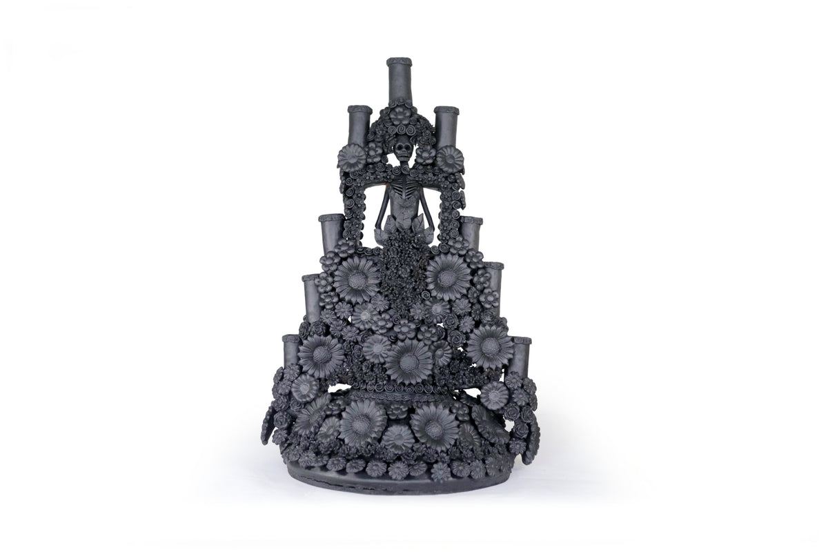 Candelero Altar Calavera Floral Barro Negro - 62 cm. 24.4 in. - Sobre Pedido