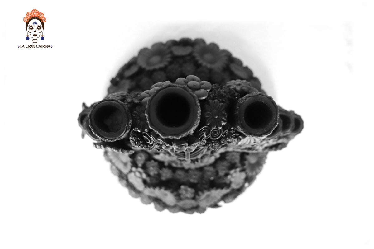 Candelero Altar Calavera Floral Barro Negro - 62 cm. 24.4 in. - Sobre Pedido