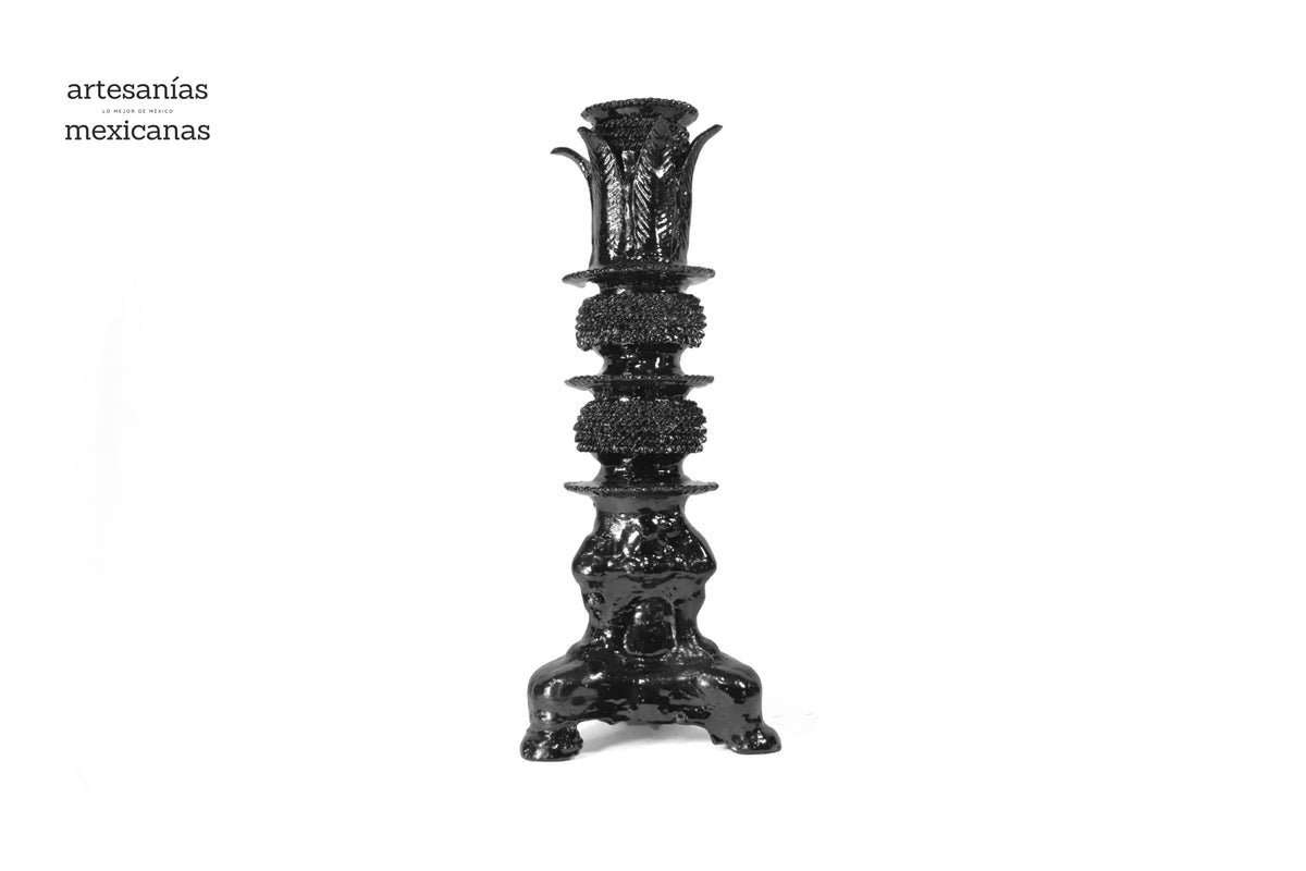 Set de 3 Candeleros negros con hojas - Barro vidriado