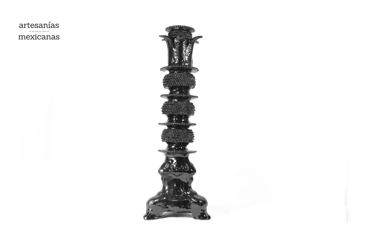 Set de 3 Candeleros negros con hojas - Barro vidriado