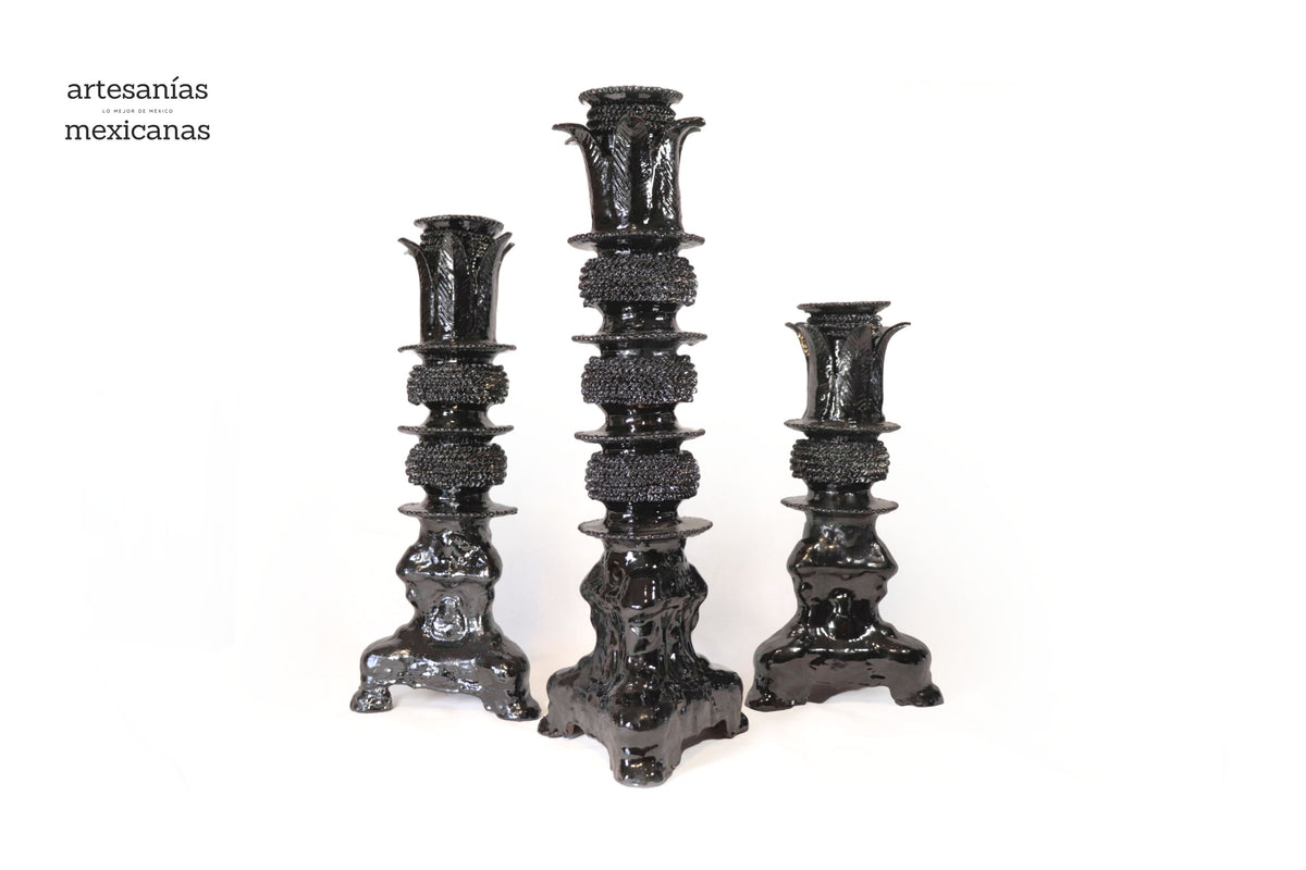 Set de 3 Candeleros negros con hojas - Barro vidriado