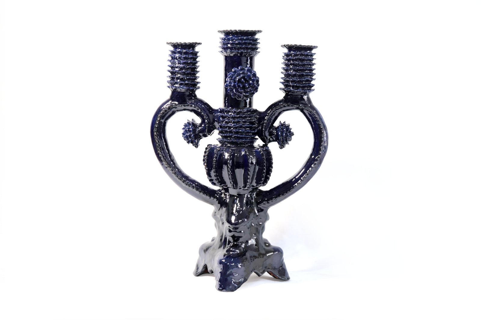 Candelero de 3 velas corazón Azul - 42 cm. - Barro vidriado - Sobre Pedido 5+ Pz Candelabros