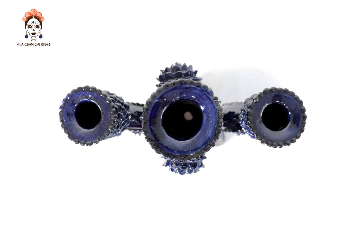 Candelero de 3 velas corazón Azul - 42 cm. - Barro vidriado - Sobre Pedido 5+ Pz Candelabros