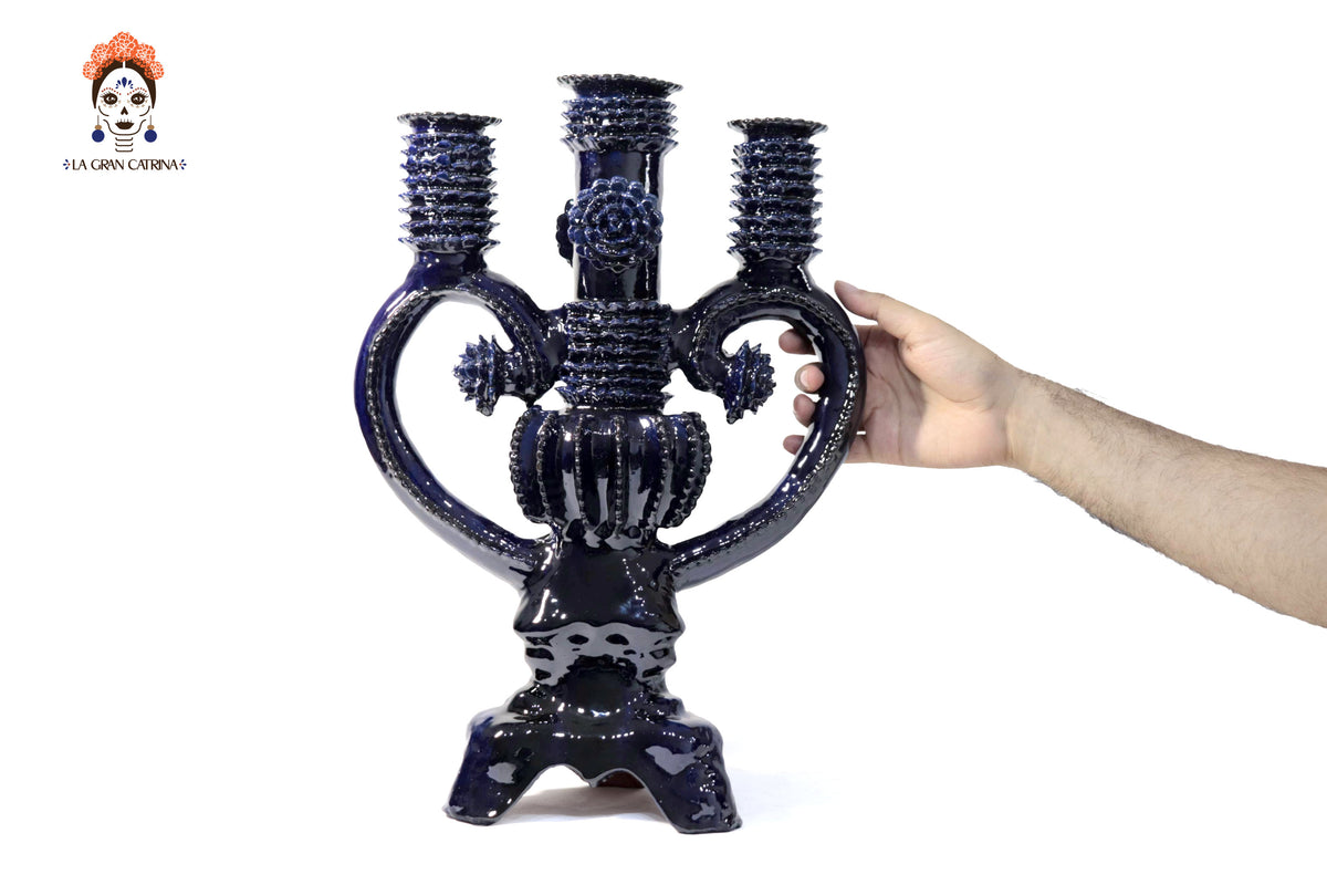 Candelero de 3 velas corazón Azul - 42 cm. - Barro vidriado - Sobre Pedido 5+ Pz Candelabros