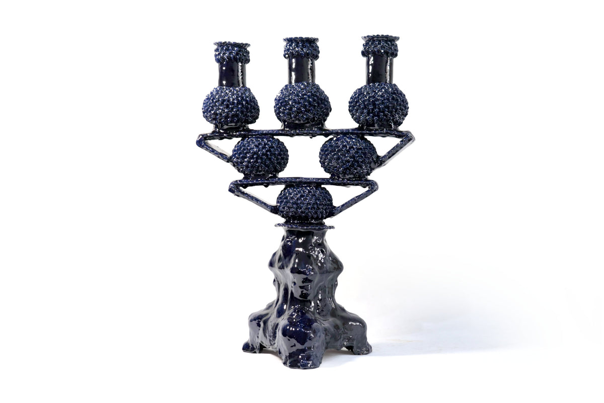 Candelero de 3 velas - Azul de bolas - Barro vidriado Candelabros