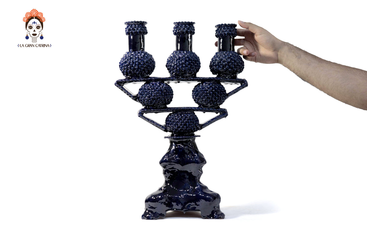 Candelero de 3 velas - Azul de bolas - Barro vidriado Candelabros