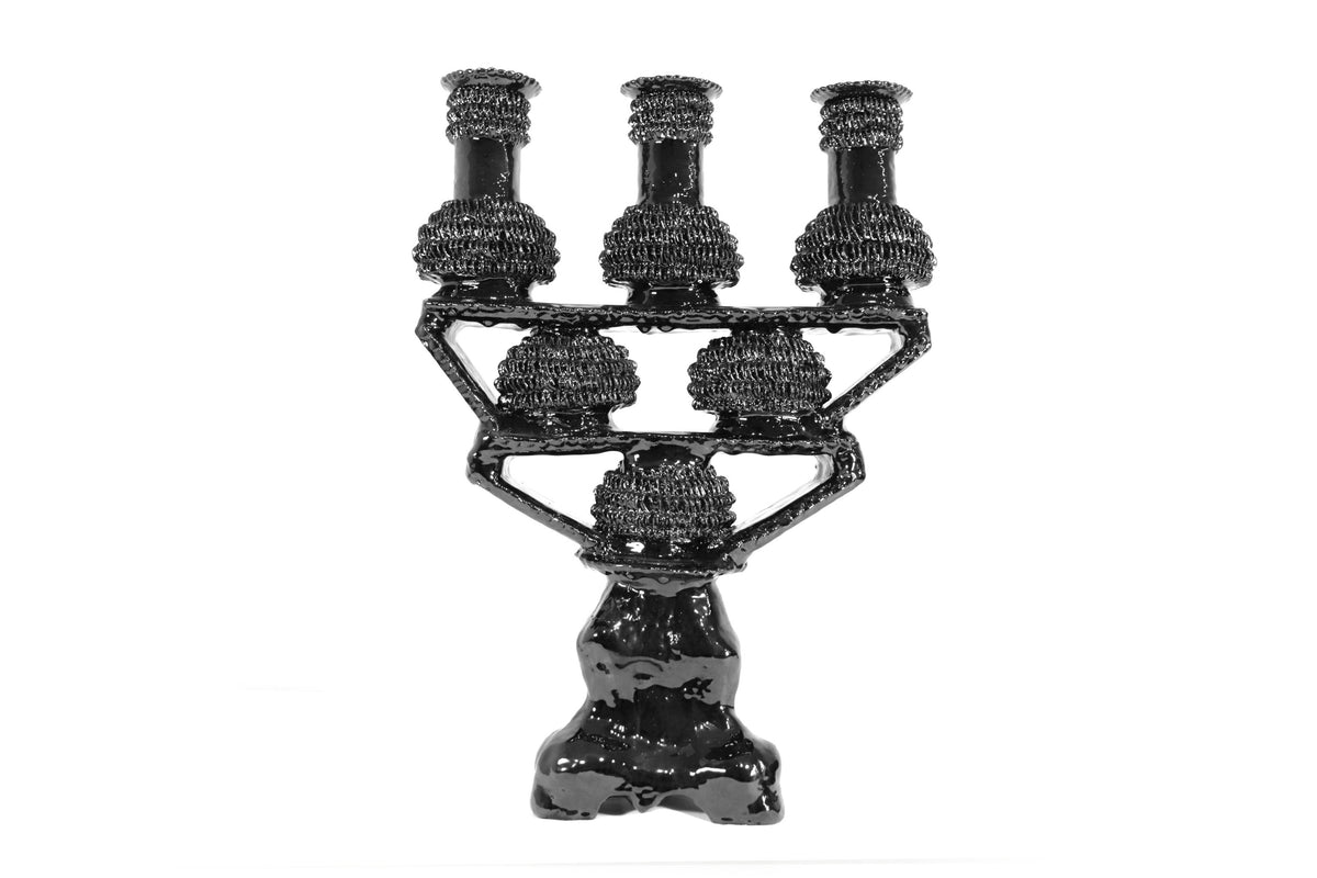 Candelero de 3 velas - Negro de bolas - Barro vidriado