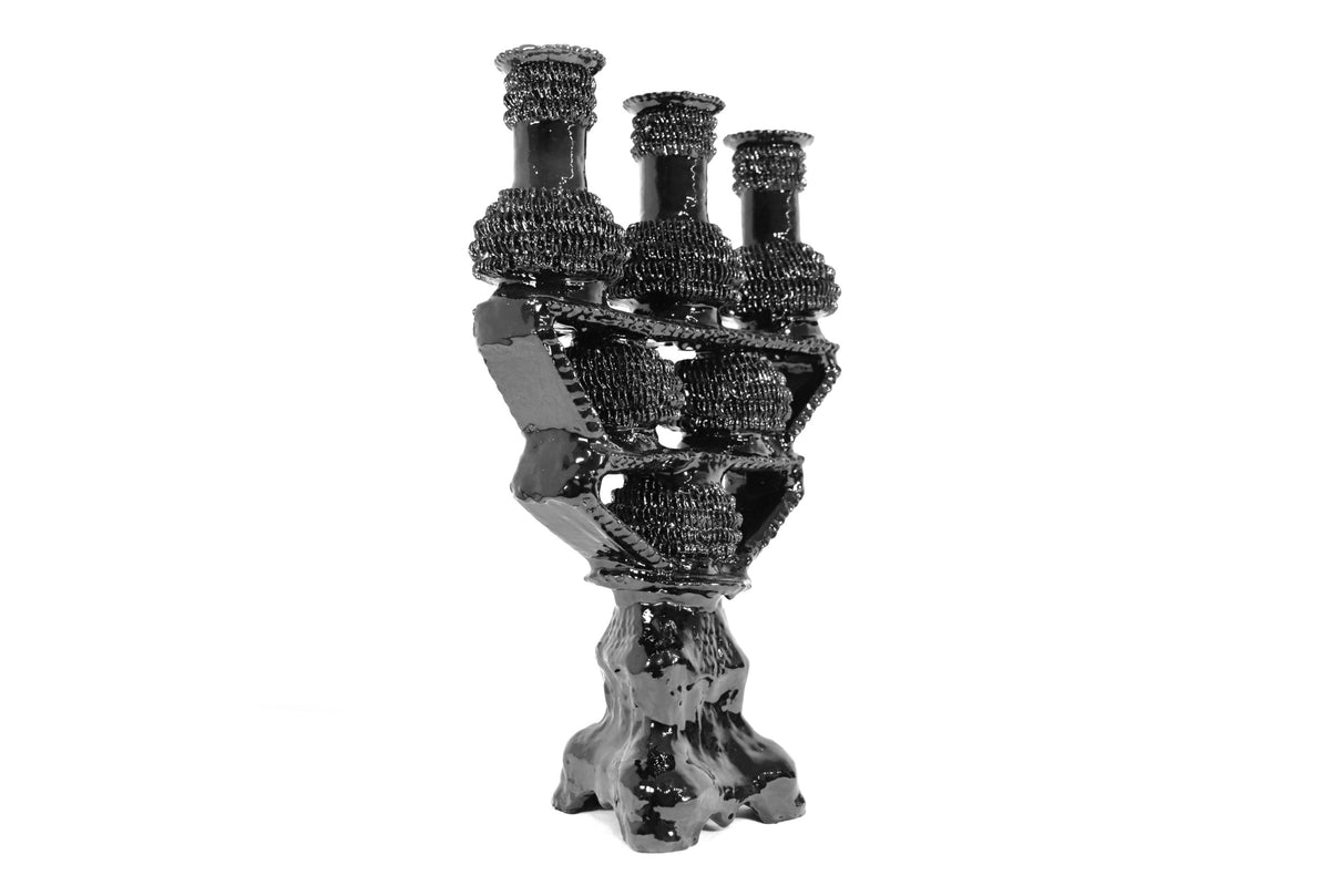 Candelero de 3 velas - Negro de bolas - Barro vidriado
