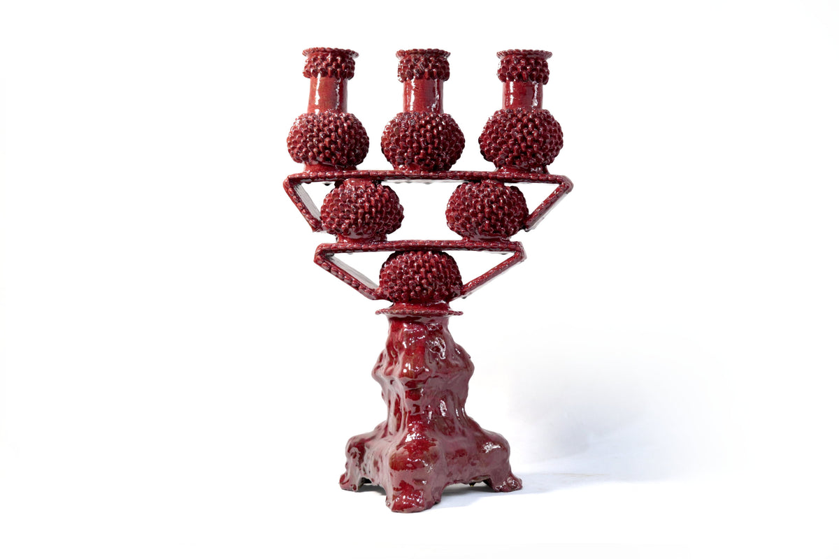 Candelero de 3 velas - Rojo de bolas - Barro vidriado - En produccion Candelabros