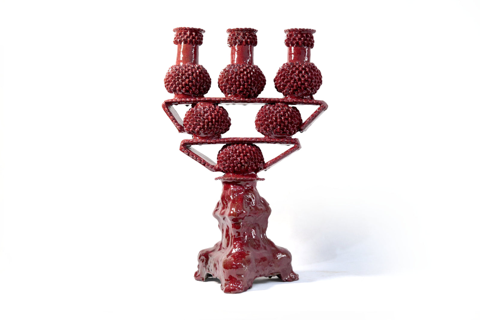 Candelero de 3 velas - Rojo de bolas - Barro vidriado Candelabros