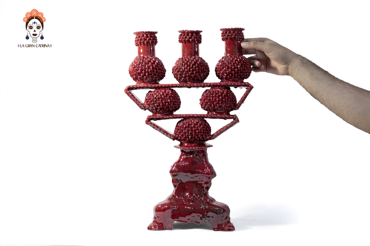 Candelero de 3 velas - Rojo de bolas - Barro vidriado - En produccion Candelabros