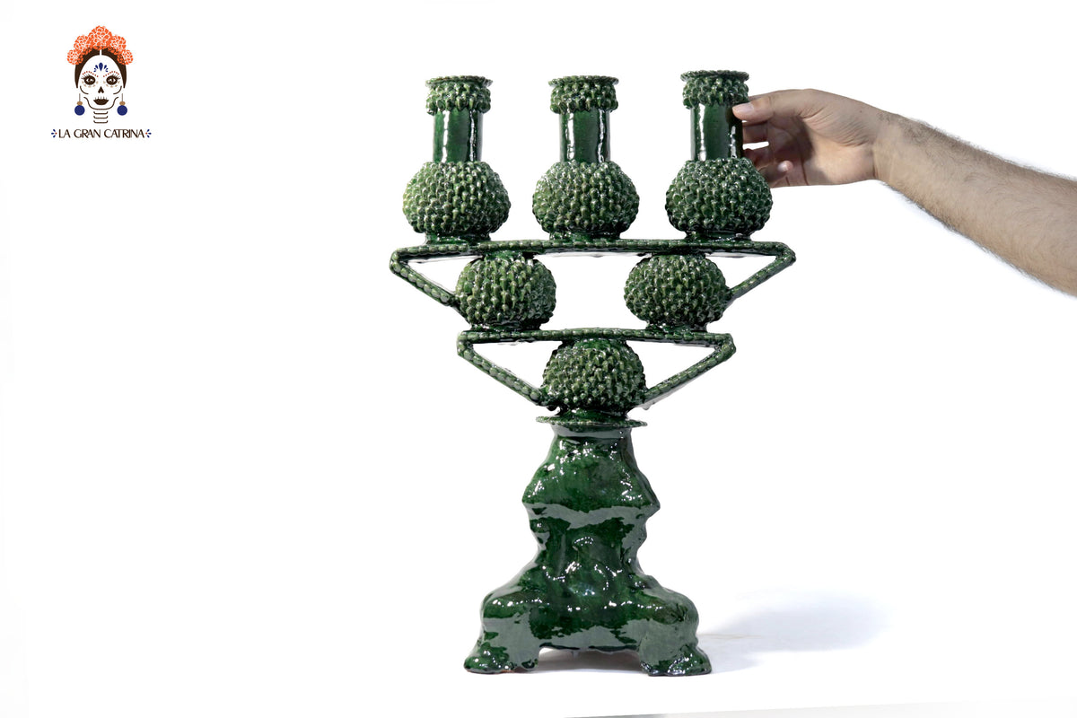 Candelero de 3 velas - Verde de bolas - Barro vidriado Candelabros